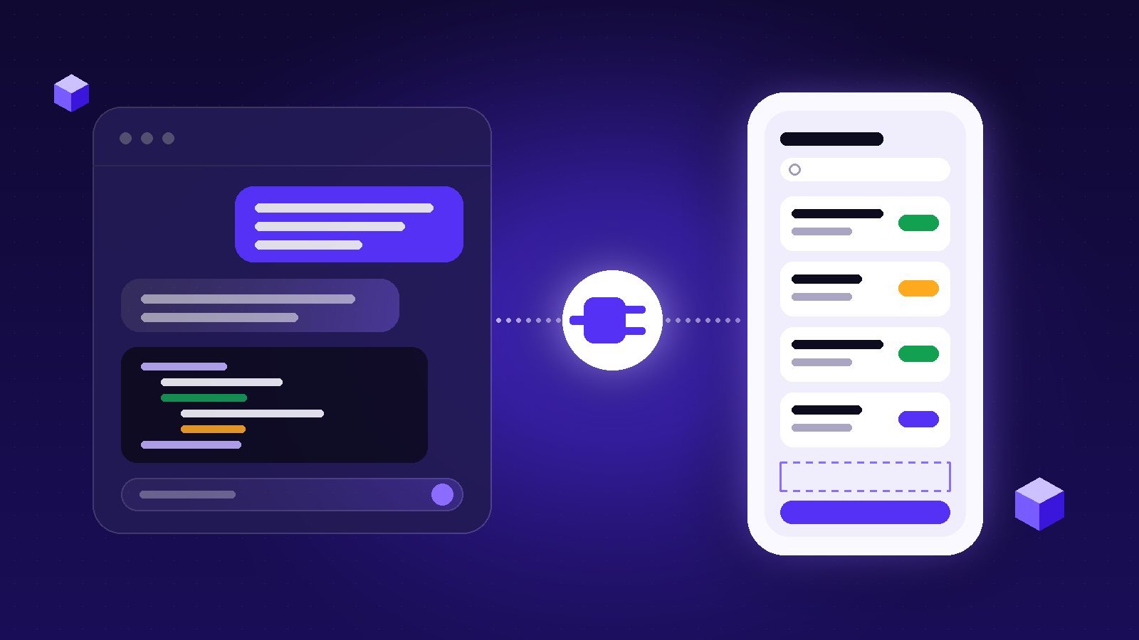 Abstrakte Grafik: Ein Chatfenster ist über eine Verbindung mit einer App auf dem Smartphone verbunden